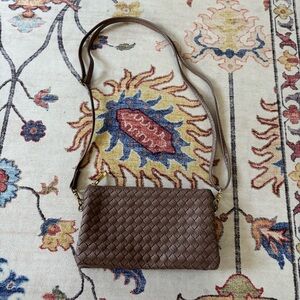 Taupe Brown Small Woven Leather Crossbody Purse Handbag